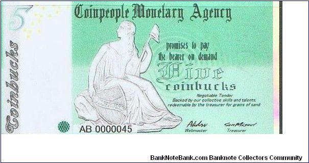 Coinpeople Monetary Agency 5 Coinbucks 2005 Banknote