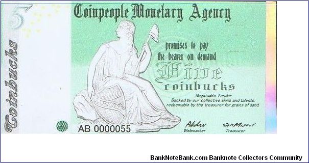 Coinpeople Monetary Agency 5 Coinbucks 2005 Banknote