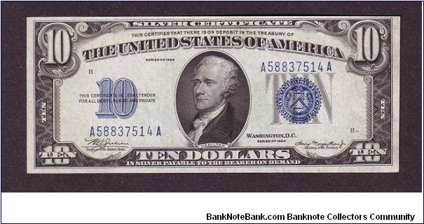 $10 Silver
certificate

obv: Alexander Hamilton, (Continental Congressman, Secretary of the Treasury Under George Washington)

rev: Treasury Building Banknote