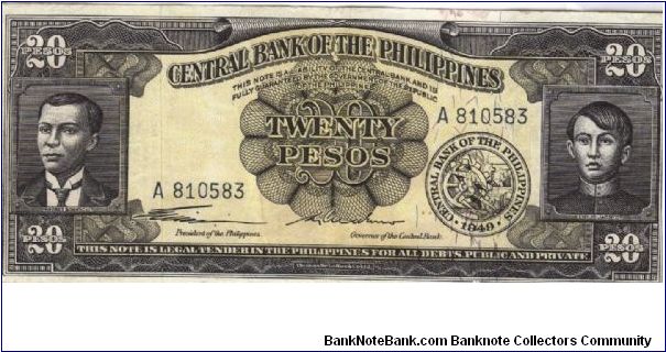 PI-137a RARE English series Philippine 20 Pesos note with signature 1 series. Banknote