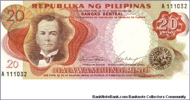 Philippine 20 Pesos note with signature group 7. Banknote