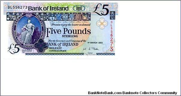 £5 BANK of IRELAND (ULSTER)
Rev Queens University Belfast
Group Chief Executive Soden
 01/03/03 Banknote