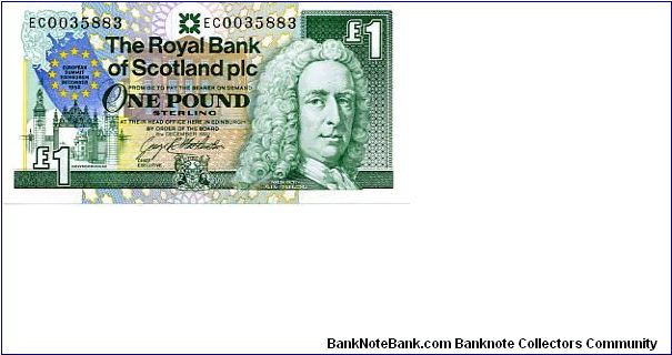 George Matthewson, Chief Executive
£1 8 Dec 1992 
Front commemorating the European summit in Edinburgh/Lord Ilay
Rev Edinburgh Castle
Watermark Lord Ilay's Head Banknote