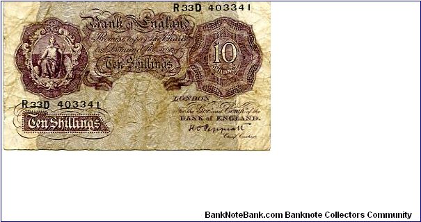 Brittania series A

Kenneth O Peppiatt 1934-1949 
Apr 1940
10/- WWII Emergancy Mauve Note
Metal security Thread
Watermarked with a Helmeted Head Banknote