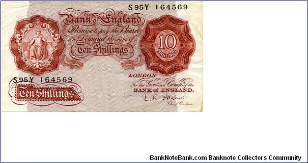 Brittania series A
Leslie K O'Brien 1955-1962 
Nov 1955
10/- Red Brown
Metal security Thread
Watermarked with a Helmeted Head Banknote