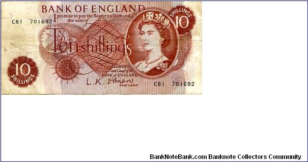 HRH Portrait series C

Leslie K O'Brien 1955-1962 
Oct 1961
10/- Red Brown
Metal security Thread
Watermarked with a Laurald Head Banknote