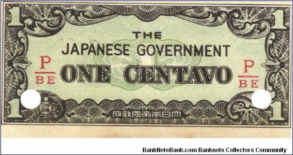 PI-102b Philippine 1 centavos note under Japan rule, fractional block letters P/BE. Banknote