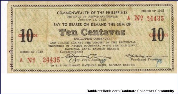 S-629 Negros Occidental 10 centavos note. Banknote