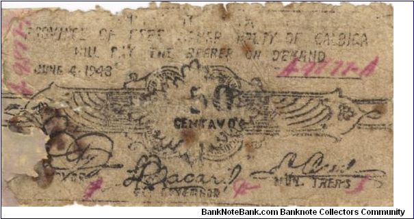 SMR-274a Samar 50 centavos note printed on back of official form. Banknote