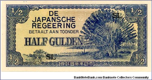 Dutch East Indies Japanese Occupation Currency 1942 
1/2g Blue on Cream
Front Large tree
Rev Value in cachets Banknote