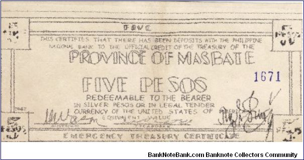 S-459 RARE Province of Masbate 5 Pesos Emergency Treasury Certificate. Banknote
