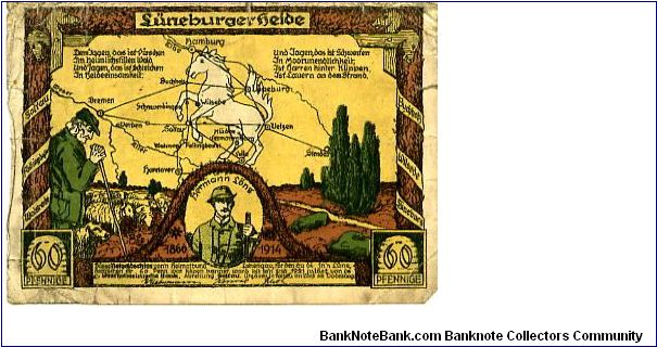 Germany
60pf
Luneburger Heath Notgeld 1921
Front Shepherd, Map with white horse, bottom center Herman Long
Rev Farming scene, top center 'Buchholz' Banknote