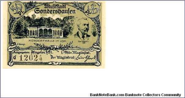 Germany Unknown 
50pf green
Front music hall & Carl Schroder 1881
Rev £ unknown Men possibly princes of Schwarzburg principalities Banknote