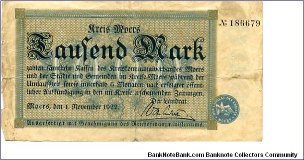 Germany
Kreis Moers Notgeld 1 Nov 1922
Green/Black
Front Value in center overwritten with text & State seal at bottom right enclosed in a fancy frame
Rev Value down left side Xanter Cathedral in center with 4 coats of arms enclosed in frame
Watermark Wavy Lines Banknote