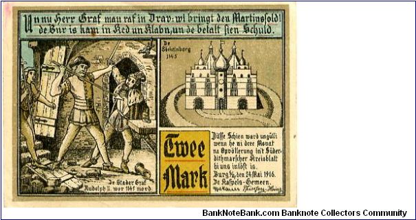 Germany
Berg 24 May 1916
2M Multicolour
Front Murder of Graf Rudolph II 1145 & Castle
Rev Robert De Hande 1145 & Coat of Arms Banknote