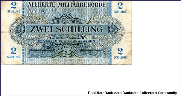 Austrian Millitary Currency Series 1944
2s Blue/Black
Front Fancy Cachet Value in Numerals & German
Rev Fancy Cachet Value in Numerals
Security Thread Banknote