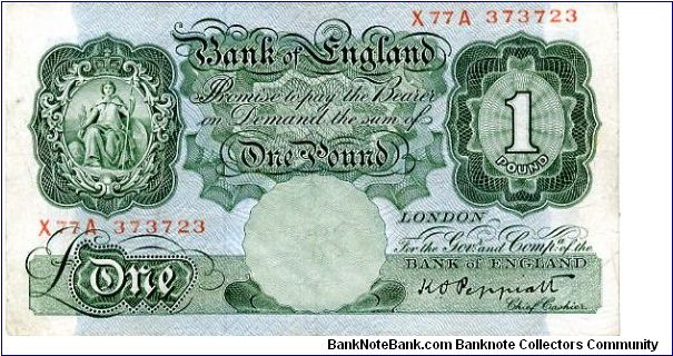 Brittania series A

Kenneth O Peppiatt 1934-1949
 
1948
£1 Green
Metal security Thread
Watermarked with a Helmeted Head Banknote