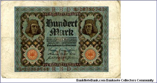 Germany
Berlin Nov 1920
100M Blue/Black
Red Seal
Front 2 heads in fancy cachets, Value in center
Rev Value in 4 corners & center
Watermark value Banknote