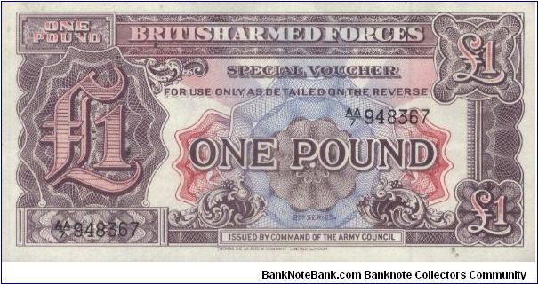 AA series  no:AA/7 948367

Obverse:British Armes Forces,Special Voucher 2nd Series

Reverse:1 pound

Printed by Thomas De La Rue Company Limited,london.

OFFER VIA EMAIL Banknote