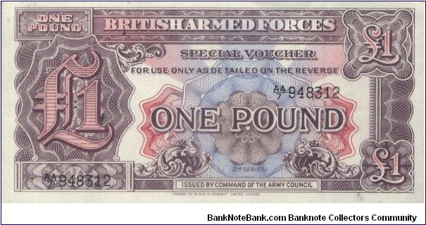 AA series  no:AA/7 948312

Obverse:British Armes Forces,Special Voucher 2nd Series

Reverse:1 pound

Printed by Thomas De La Rue Company Limited,london.

OFFER VIA EMAIL Banknote