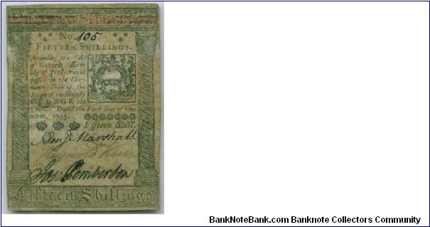 PA colonial 15 shillings. Numbered 105. Banknote