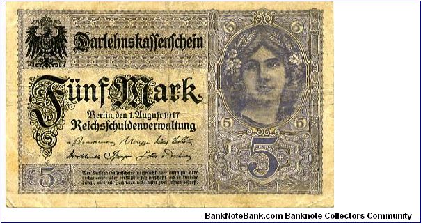 Berlin 1 Aug 1917
5M Purple/Green/Black
Front Imperial Eagle, Value, Girls Head above value
Rev Value in corners, central cachet with Crown & value
Watermark scrolling Banknote