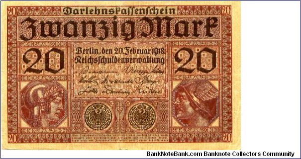 Berlin 20 Feb 1918
20M Redbrown/Brown
Brown Seal
Front Value across top, value above helmeted heads each side of center
Rev Warrior, Eagle top center, Value center, Girl
Watermark scrolling Banknote