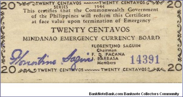 S-521 Mindanao 20 centavos note. Banknote