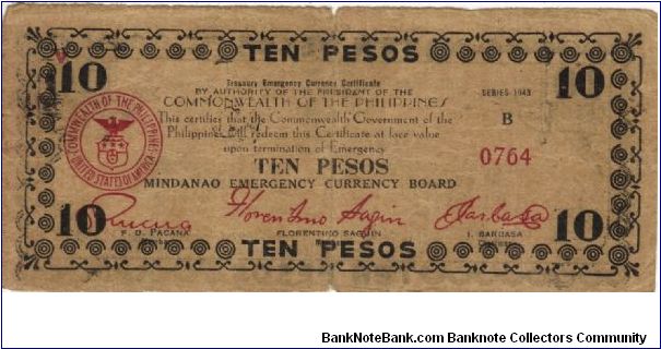 S-488x1 Mindanao 10 Pesos counterfeit note. Banknote