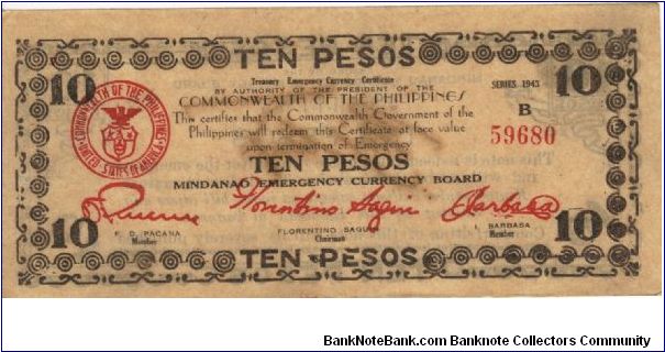 S-488e Mindanao 10 Pesos note, countersigned Cuerpo. Banknote
