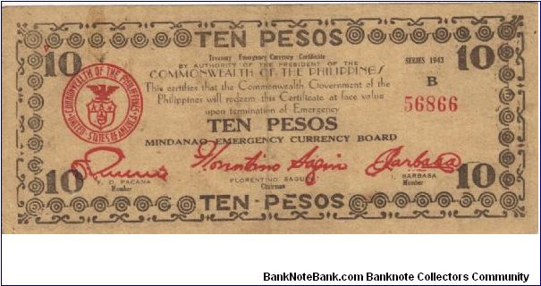 S-488c Mindanao 10 Pesos note, countersigned Barbasa W/O stamped title. Banknote