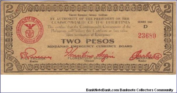 S-486c Mindanao 2 Pesos note, countersigned Oteyza. Banknote