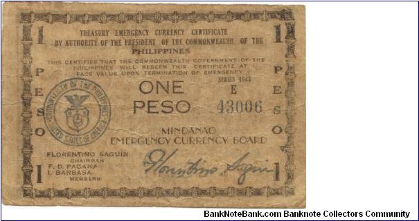 S-485c Mindanao 1 Peso note, countersigned Perez. Banknote