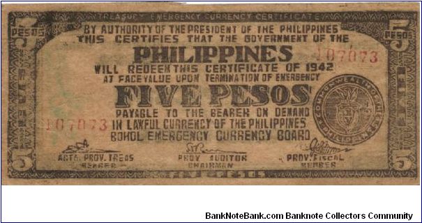 S-136c Bohol 5 Pesos note. Banknote