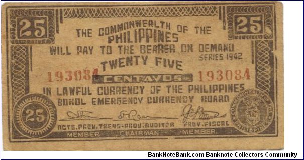 S-132f Bohol 25 centavos note. Banknote