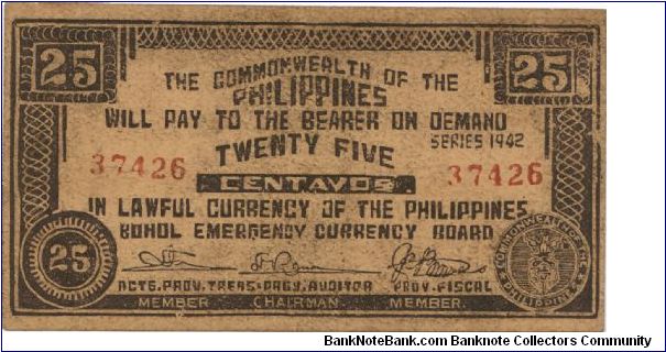 S-132b Bohol 25 centavos note. Banknote