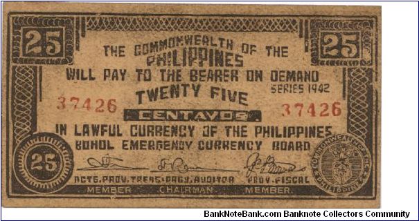 S-132b Bohol 25 centavos note. Banknote