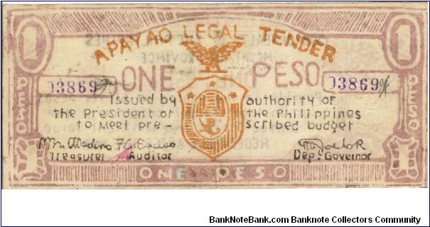 S-111a Apayao 1 Peso note, white paper. Banknote