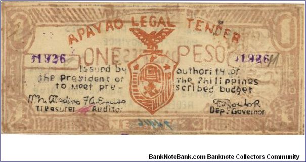 S-110b Apayao 1 Peso note, manila paper. Banknote