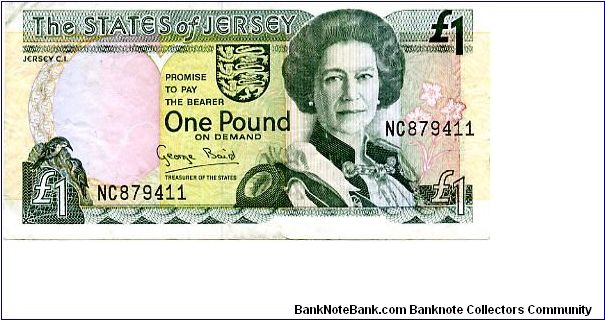 THE STATES OF JERSEY
1993
Treasurer of the State George Baird 
£1 Green/Pink
Front HRH
Rev St Helliers Church
Metal security Thread
Watermarked with a Cow Banknote