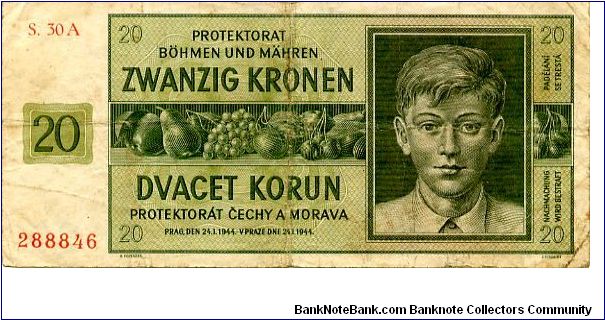 Bohemia & Moravia
20K 24 Jan 1944
Green/Red
Front Value, Value in Czech & German with fruit in center, Boy's Head
Rev Framework with value, Value in Czech & German over arms, value top & bottom
Watermark looks to be X's Banknote