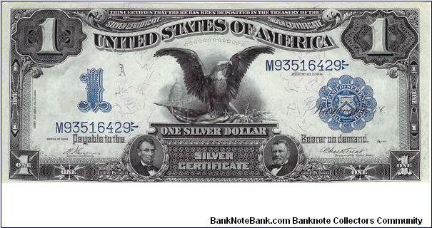 1899 Silver Certificate Black Eagle. This is the type with the fancy symbol on the right of the serial number. This note is the a Ch Unc, crisp and white with great impressions. This is the start of my 1899-current $1 type set. Banknote