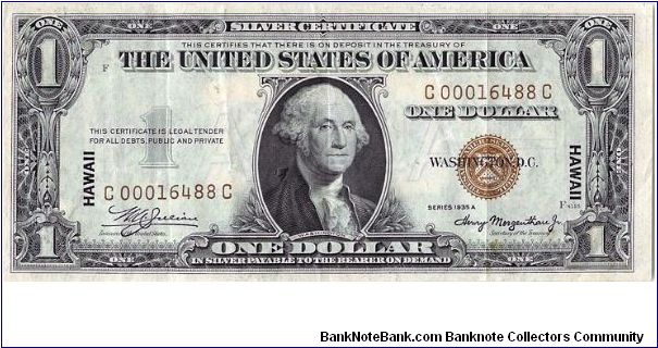 1935-A Hawaii issue Silver Certificate. Hawaii overprint on Rev. Nice Vf*-Xf. Banknote