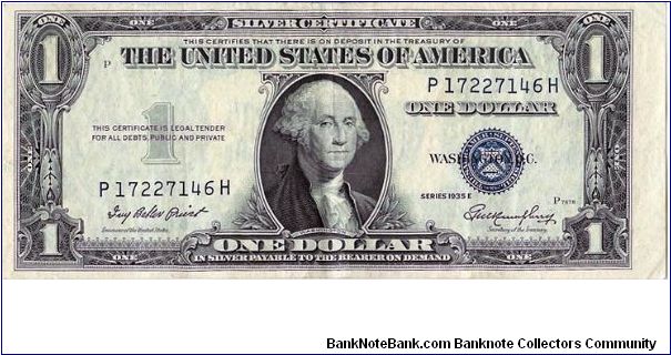 1935-E Silver Certificate note. This one is offcenter. It's funny, when TPG companies grade they look for perfectly centered notes, I prefer off center oddballs. Xf-ish. Banknote