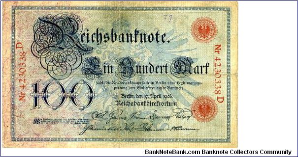 Berlin 17 Apr 1903
100M Blue/Black/Red
Red Seal
Front Framework Value in Center
Rev Frame 2 female figures standing either side of the Cachet with Female Head in it, Value in top corners
Watermark No? Banknote