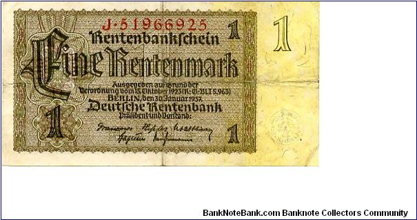 Berlin 1 Jan 1937
1M Olive/Red
White Seal
Front 2/3 Framework Value in Center, Value top corner
Rev Value top corner, 2/3 Framework 3 consentric circles sheaf of wheat in 1st, center a fancy design & value in 3rd
Watermark Circles Banknote