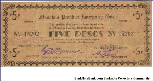 S-597 Mountain Province 5 Pesos note, countersigned on reverse, Bauko Province. Banknote