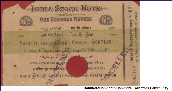 INDIA STOCK NOTE OF 1890 ISSUED WITH INTEREST PAYABLE SLIP ATTACHED AS
IN USA  P-280 BANK NOTE TYPE WHICH IS RARE AND UN CATOLOGUED TILL
TODAY ISSUED UNDER ACT OF 17-3-1861 [0897] Banknote