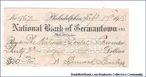 1918 Check from Germantown  Philly. Pennslvania Banknote