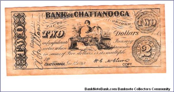 CIVIL WAR ERA COPY OF A CHECK FROM CHATTANOOGA FOR TWO DOLLARS Banknote